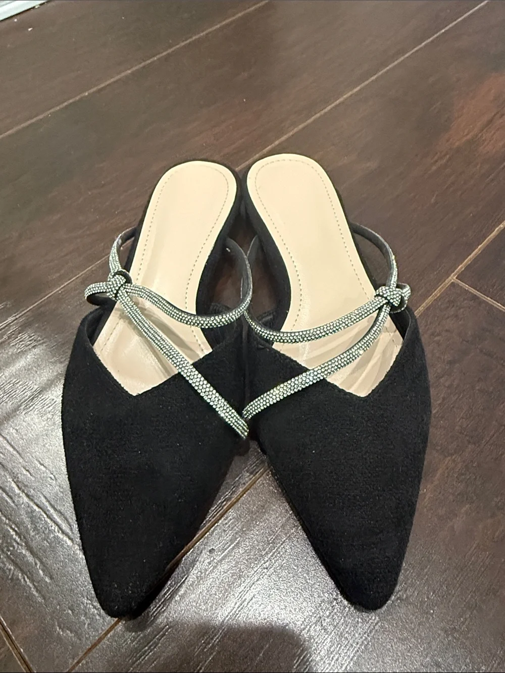 Black suede Pointed Toe Slip-On Mules with Silver Strap